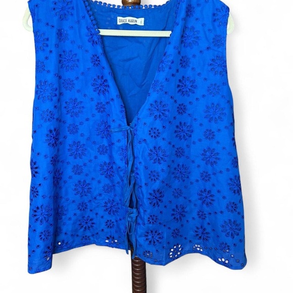 Boho ✨Royal Blue Lace Eyelet Bow Tie Vest Tank Top 2XL 💙 🎀 - Picture 6 of 8